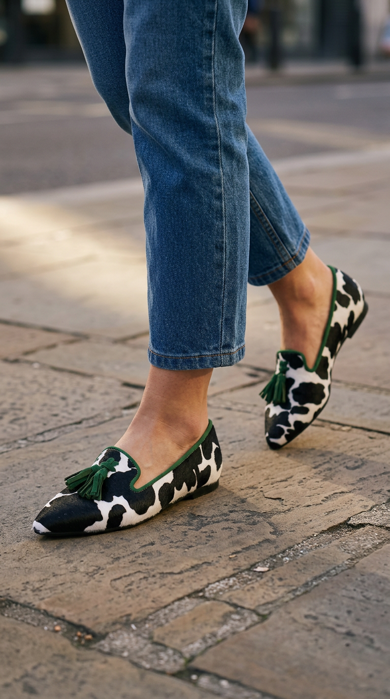 Mocasín Ginevra — Vaca en blanco y negro con borlas verdes