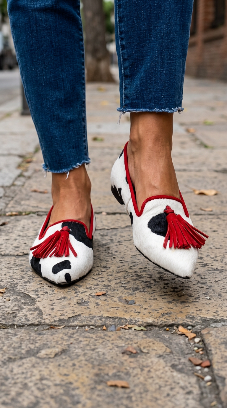 Mocasín Ginevra — Vaca en blanco y negro con borlas rojas