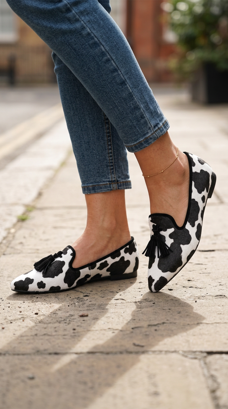 Mocasín Ginevra — Vaca en blanco y negro con borlas negras