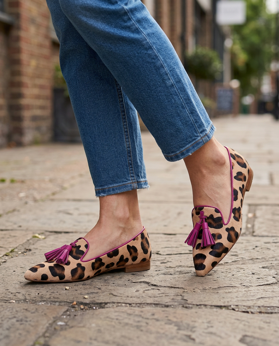 Mocasín Ginevra — Leopardo con borlas fucsias