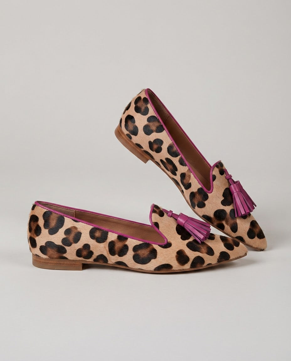 Mocasín Ginevra — Leopardo con borlas fucsias