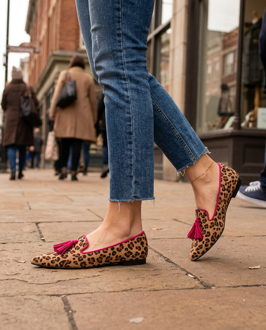 Mocasín Ginevra — Efecto ante de leopardo con borlas fucsias