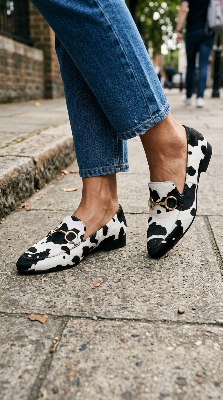 Mocasín de piel con pelo y estampado moteado en blanco y negro