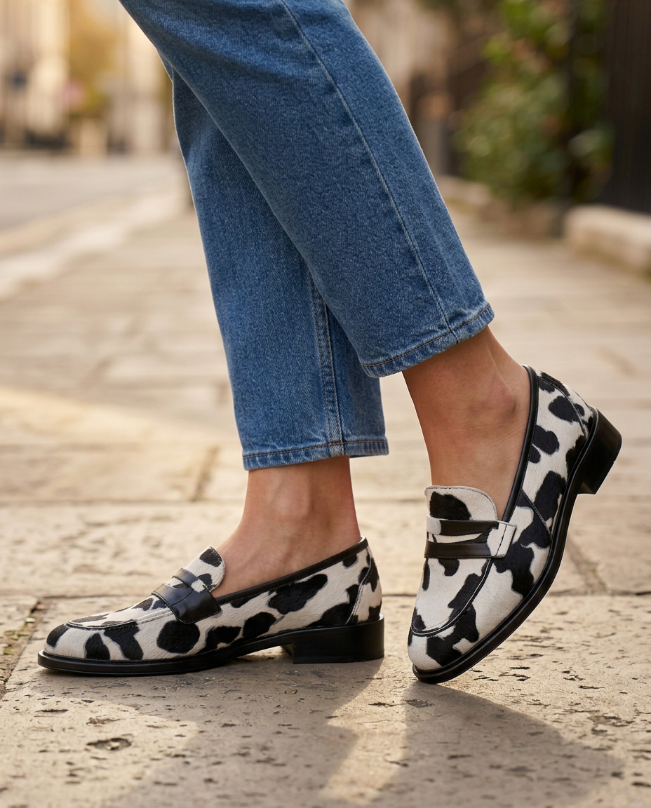 Mocasín Nives — Estampado de vaca con antifaz
