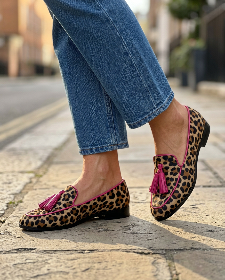 Mocasín Fiamma — Leopardo con ribetes y borlas fucsias