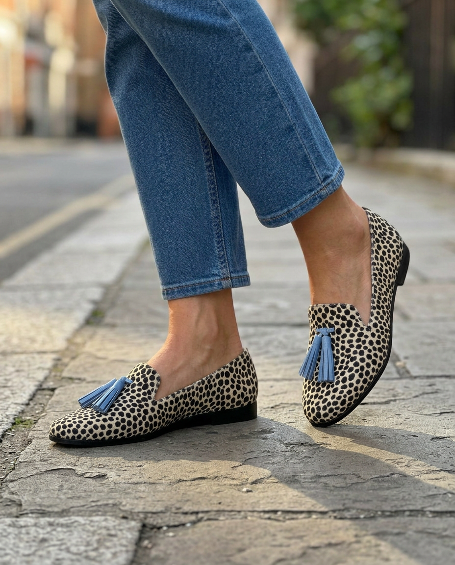 Mocasines Nadia — Leopardo en blanco y negro con borlas azul claro
